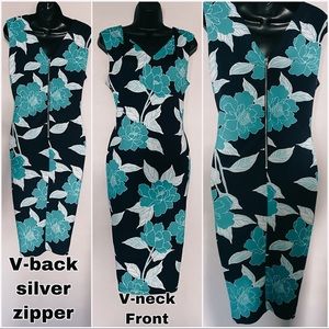 Beautiful Navy/Teal Floral Pencil Dress - Size 14
